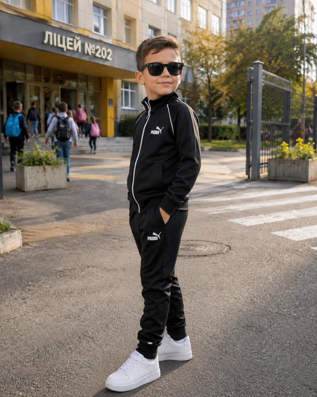 Дитячий чорний спортивний костюм Puma, вигляд збоку